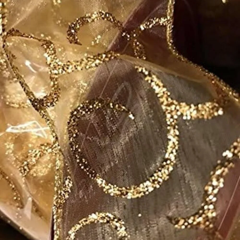Gold Glitter Swirl Sheer Ribbon 30ft x 2.5
